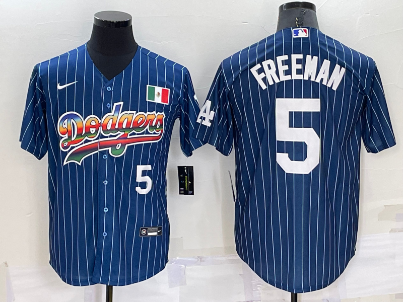 Men's Los Angeles Dodgers #5 Freddie Freeman Navy Mexico Rainbow Cool Base Stitched Jersey